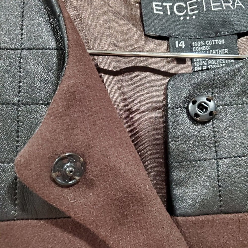 Etcetera Women's Brown Cotton Black Leather Trim Jacket Turnlock Closure Size 14 - Picture 9 of 14